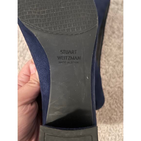 Stuart Weitzman Almond Suede Block Heel Pump with Silver Trim Navy Blue Size 8 - Picture 7 of 8